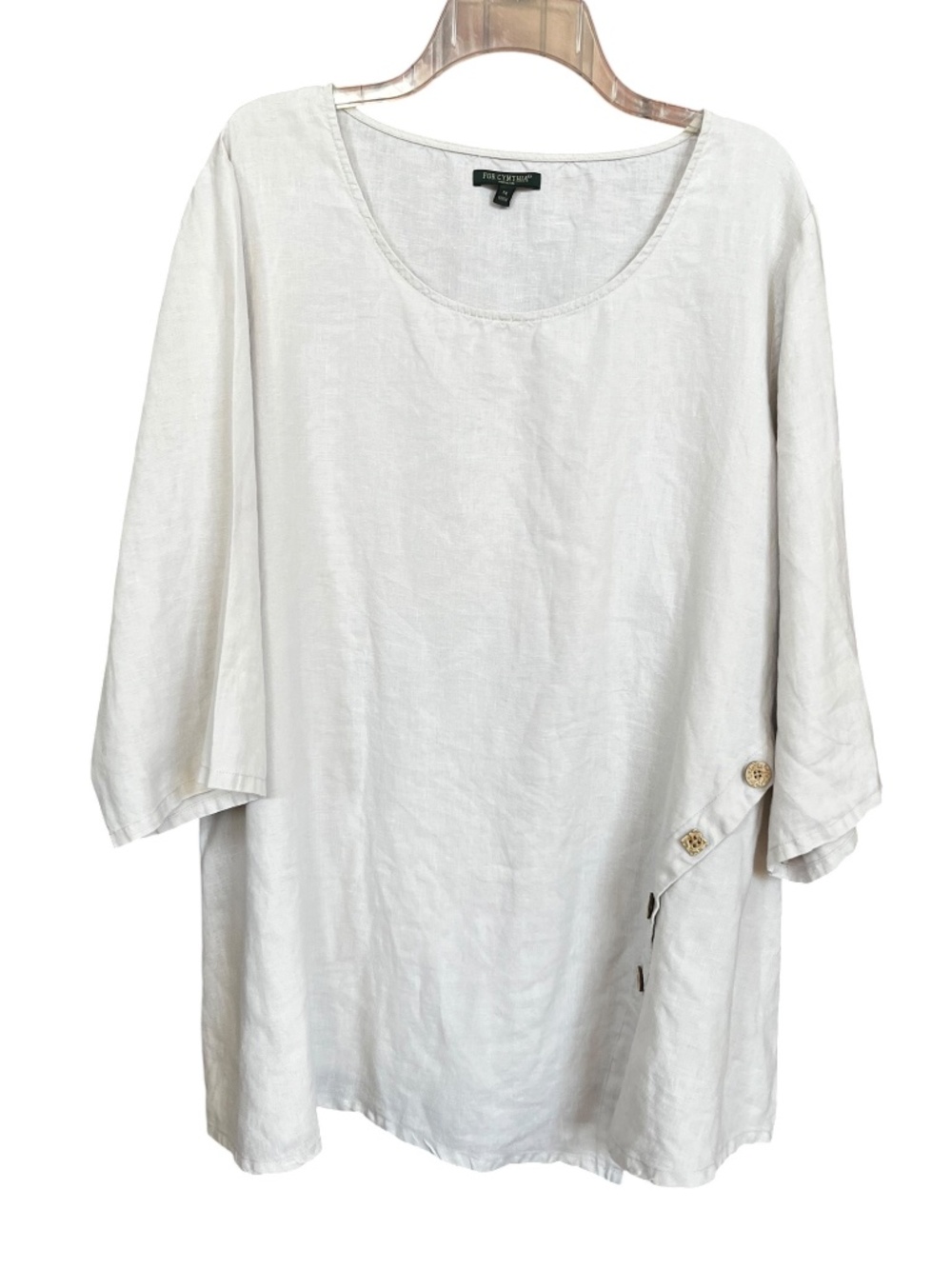 For Cynthia Cream 100% Linen Lagenlook 3/4 Sleeve Loose Tunic Shirt Top Size 1X